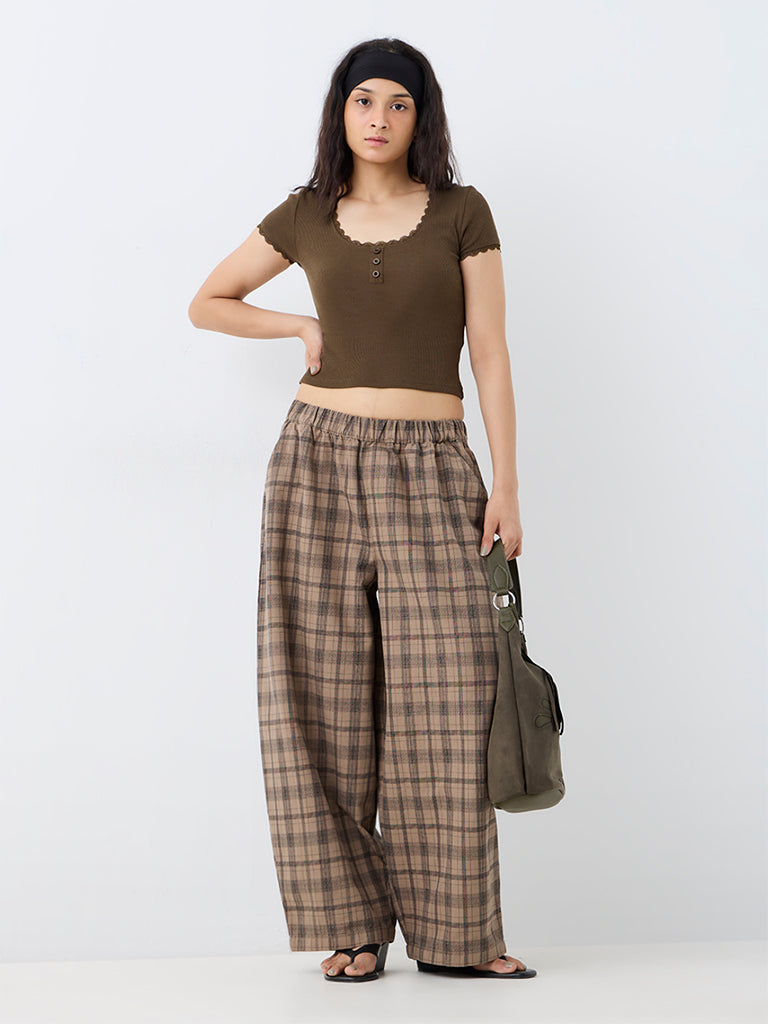 Nuon Brown Flannel Checks High-Rise Cotton Trousers