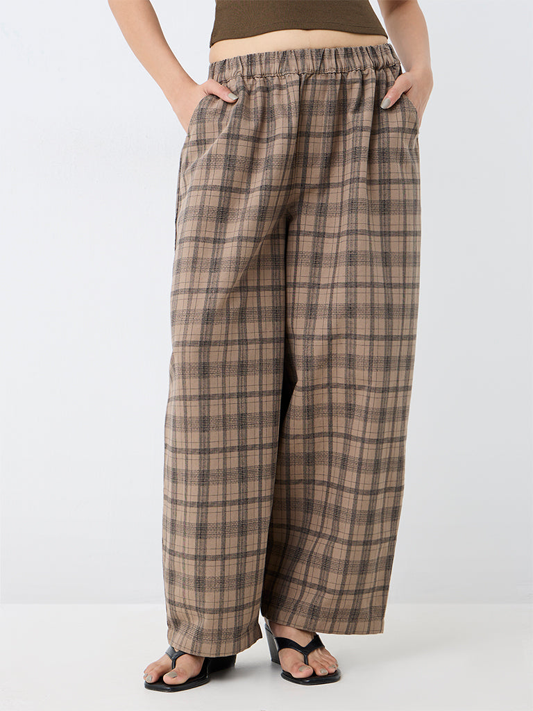 Nuon Brown Flannel Checks High-Rise Cotton Trousers