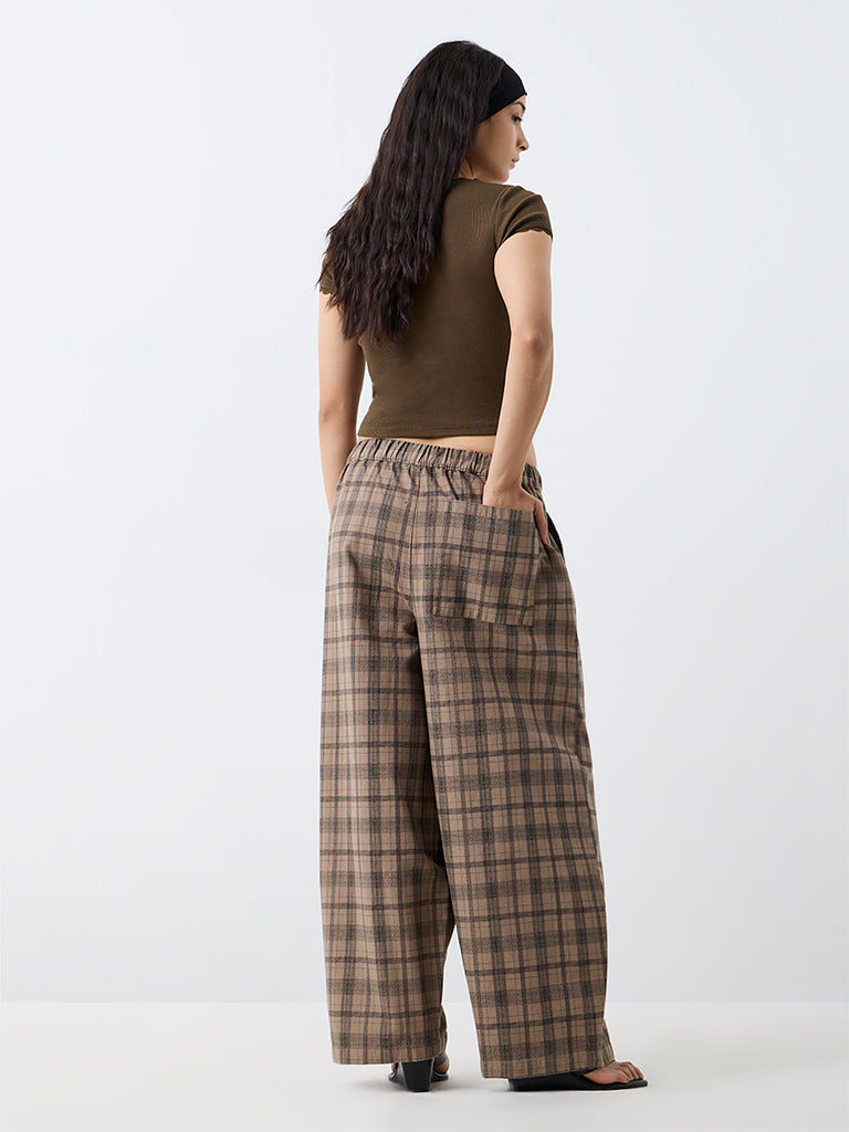 Nuon Brown Flannel Checks High-Rise Cotton Trousers