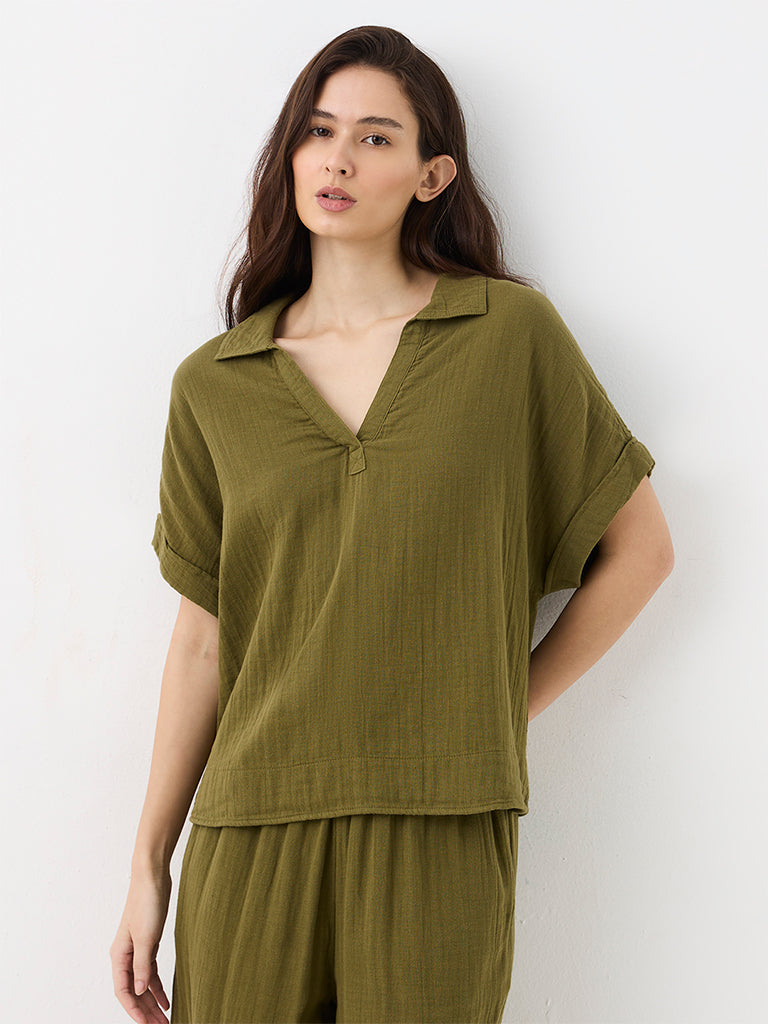 Wunderlove Olive Crinkle-Textured Shirt