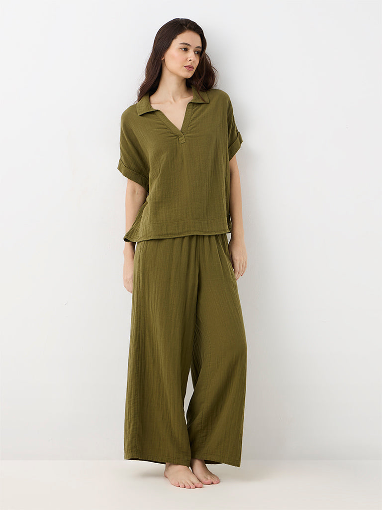 Wunderlove Olive Crinkle-Textured Shirt