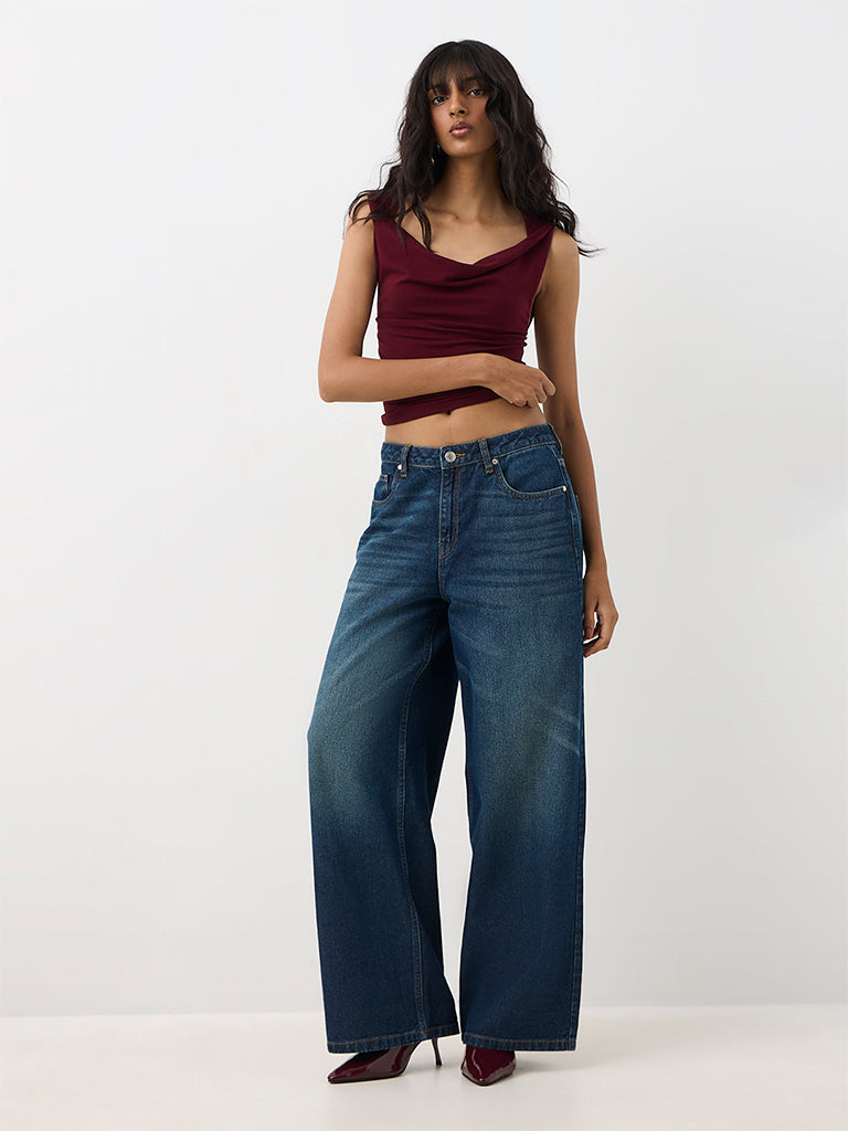 Nuon Dark Blue Wash Relaxed-Fit High-Waist Jeans with Text Detail