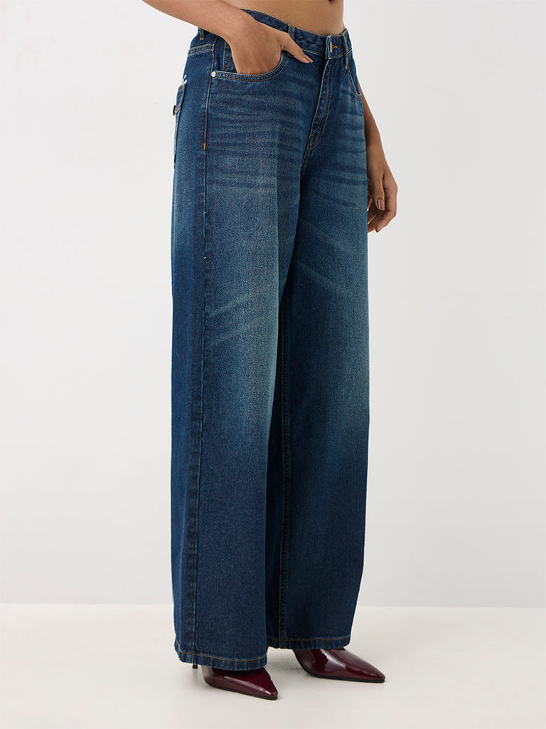 Nuon Dark Blue Wash Relaxed-Fit High-Waist Jeans with Text Detail