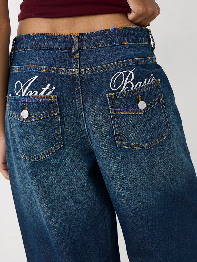 Nuon Dark Blue Wash Relaxed-Fit High-Waist Jeans with Text Detail