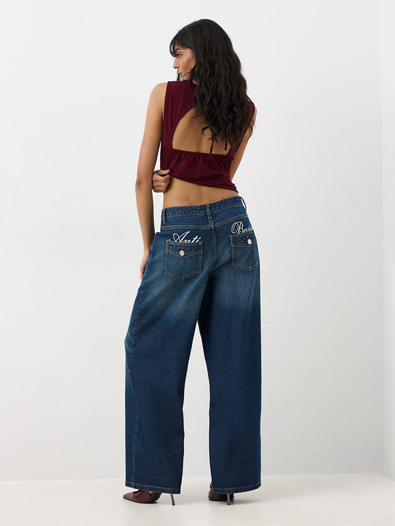 Nuon Dark Blue Wash Relaxed-Fit High-Waist Jeans with Text Detail