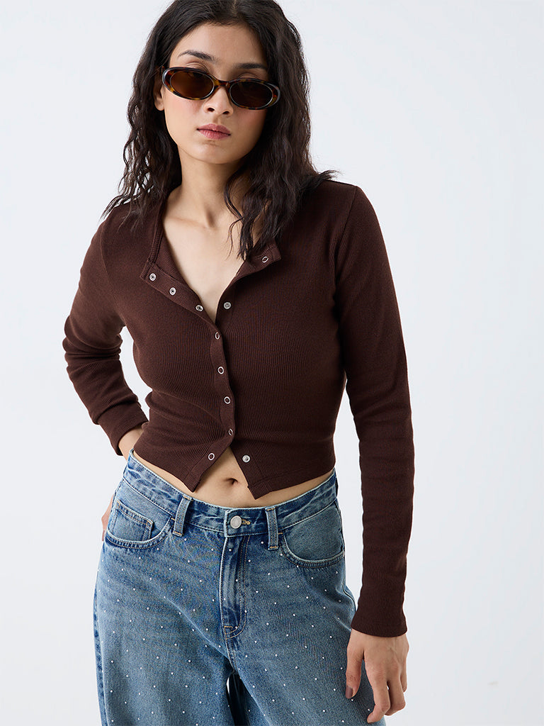 Nuon Dark Brown Ribbed-Textured Cotton Top