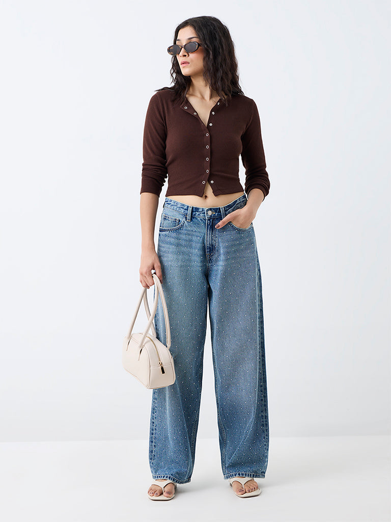 Nuon Dark Brown Ribbed-Textured Cotton Top