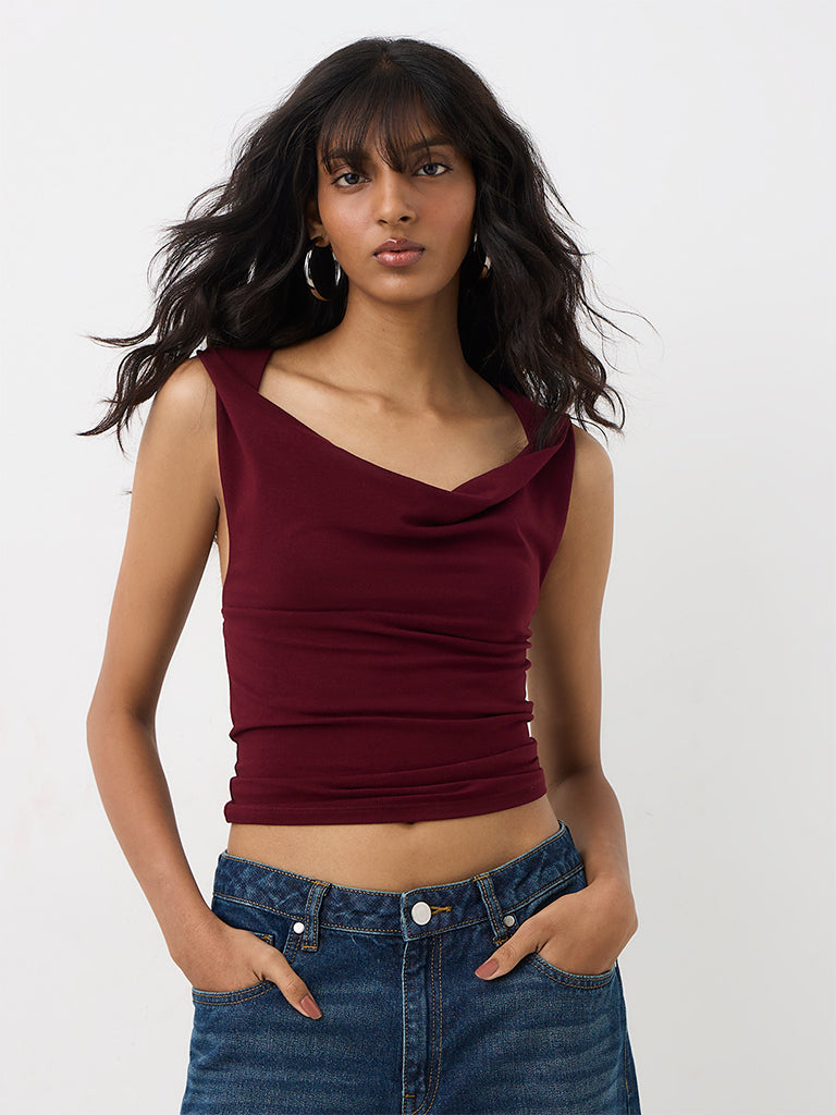 Nuon Maroon Solid Cowl-Neck Cotton Top