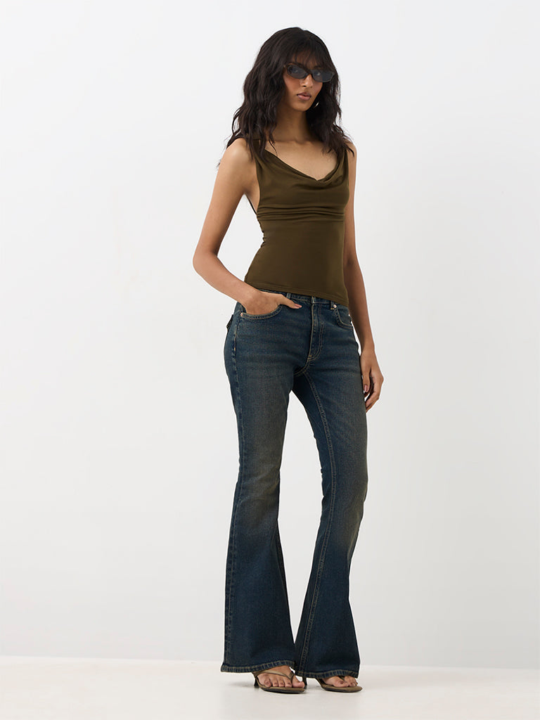 Nuon Olive Solid Cowl-Neck Cotton Top