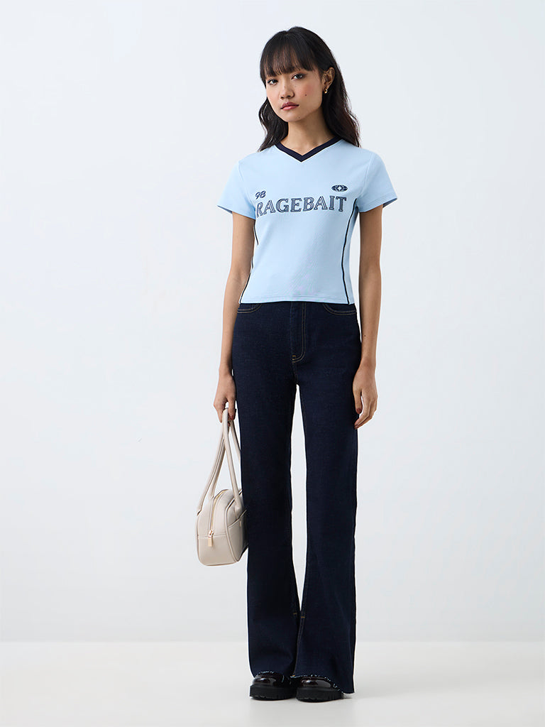 Nuon Light Blue Text Printed Cotton T-Shirt