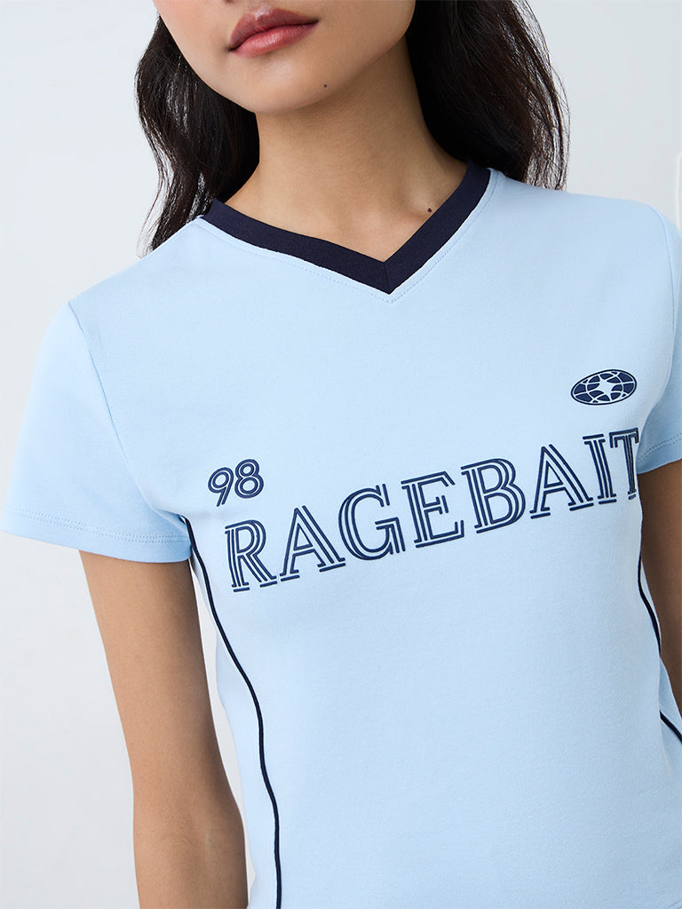 Nuon Light Blue Text Printed Cotton T-Shirt