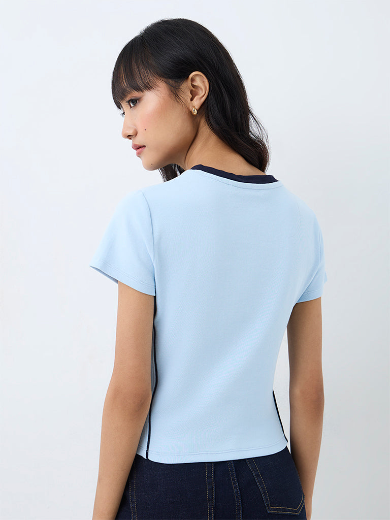 Nuon Light Blue Text Printed Cotton T-Shirt
