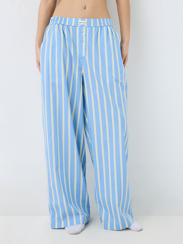 Superstar Light Blue Striped High-Rise Cotton Pants