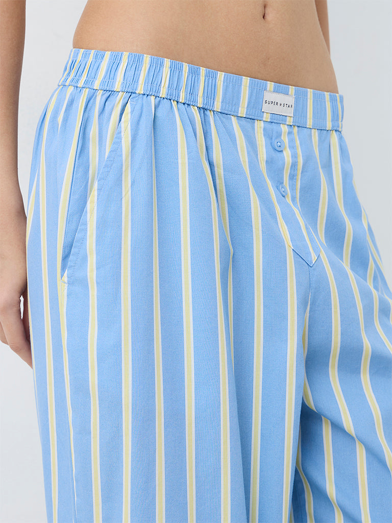 Superstar Light Blue Striped High-Rise Cotton Pants
