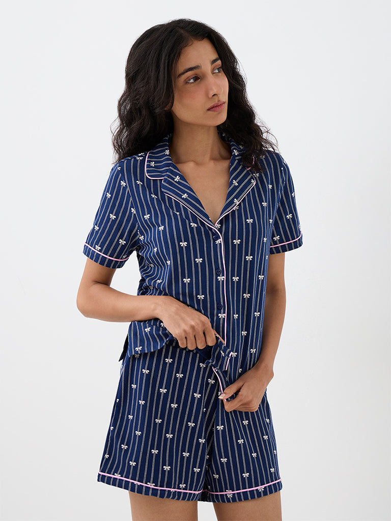 Superstar Dark Blue Bow Printed Cotton-Blend Shirt and Shorts Set