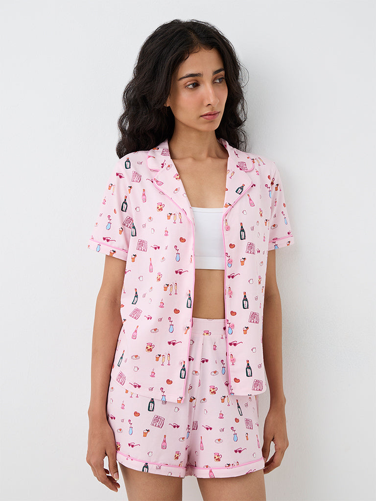 Superstar Light Pink Printed Cotton-Blend Shirt and Shorts Set