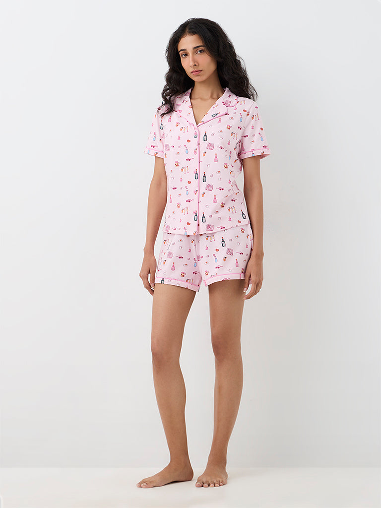 Superstar Light Pink Printed Cotton-Blend Shirt and Shorts Set