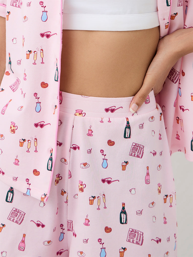 Superstar Light Pink Printed Cotton-Blend Shirt and Shorts Set
