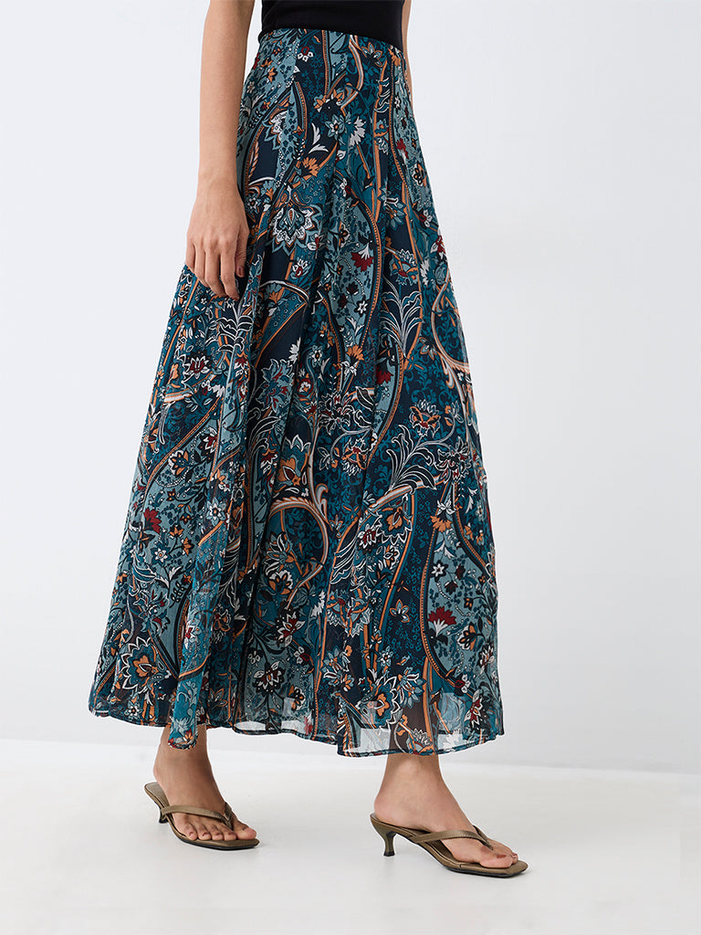 LOV Dark Teal Floral Printed High-Rise Skirt
