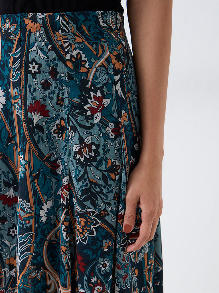 LOV Dark Teal Floral Printed High-Rise Skirt