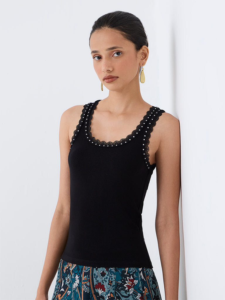 LOV Black Lace-Detail Ribbed Top