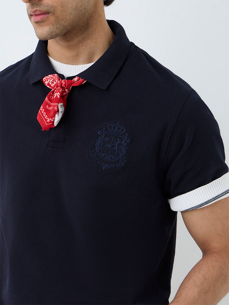 WES Casuals Navy Embroidered Relaxed-Fit Polo T-Shirt