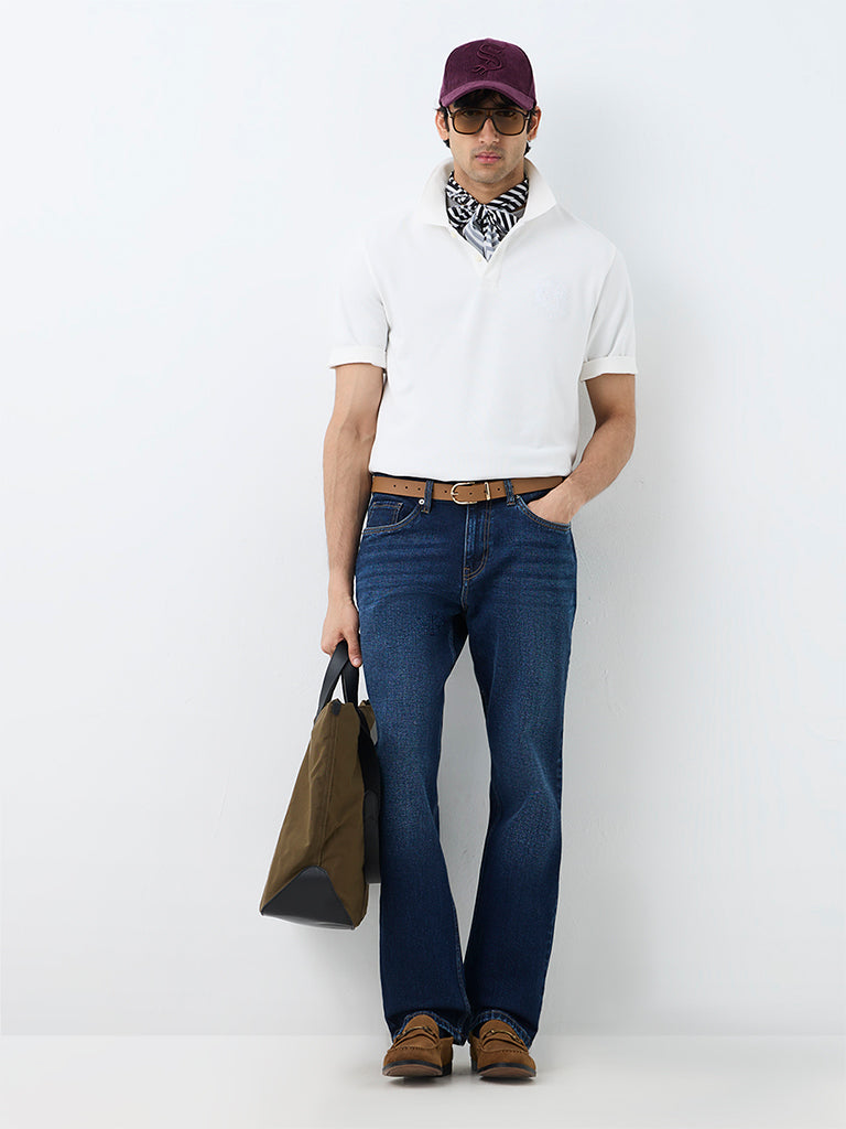 WES Casuals White Embroidered Relaxed-Fit Polo T-Shirt