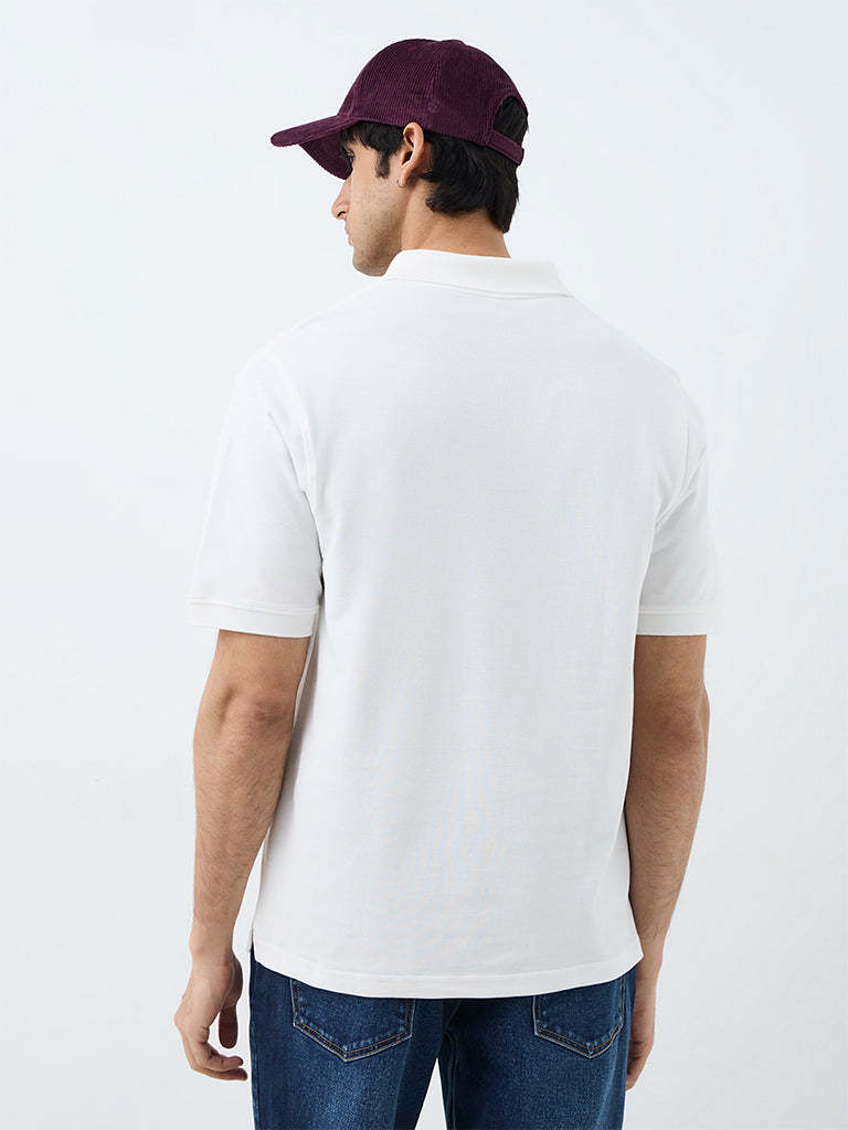 WES Casuals White Embroidered Relaxed-Fit Polo T-Shirt