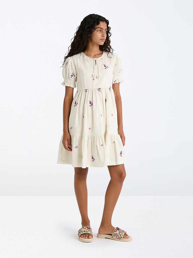 Utsa Kids Girls Off-White Floral Embroidered Cotton-Blend Fit-and-Flare Dress - (8-14 yrs)