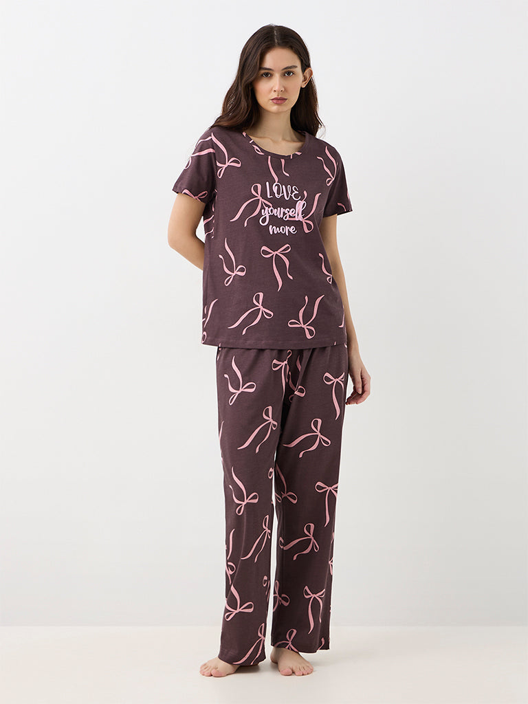 Wunderlove Dark Brown Bow Design Cotton T-Shirt and Payjams Set