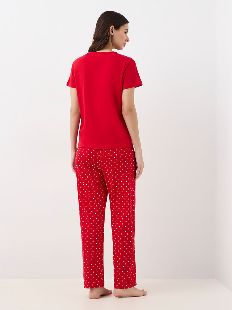 Wunderlove Red Bunny Design Cotton T-Shirt and Pyjamas Set
