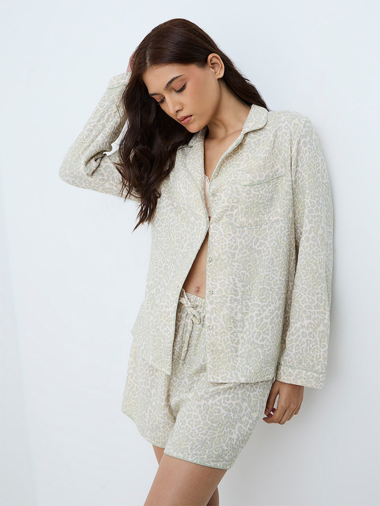Wunderlove Sage Animal Printed Cotton Shirt and Shorts Set