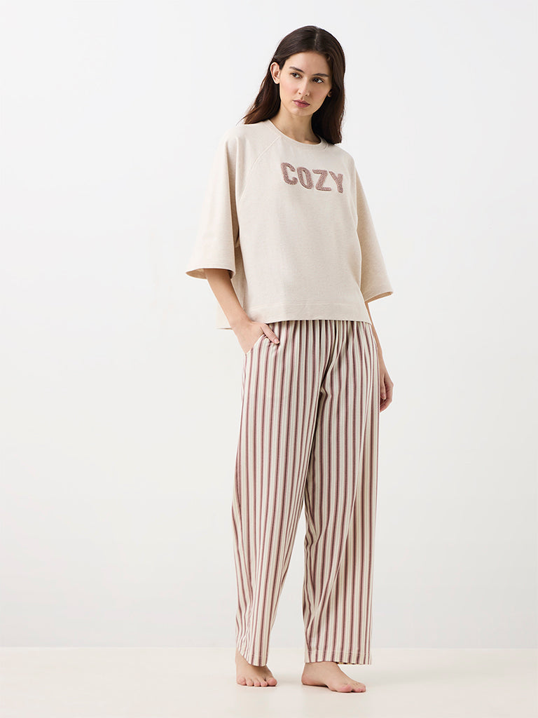 Wunderlove Light Beige Text-Design Cotton-Blend T-Shirt
