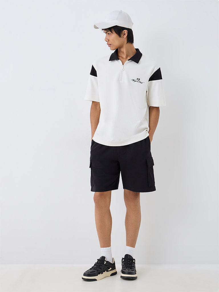 Nuoflexx Black Solid Relaxed-Fit Mid-Rise Cotton-Blend Shorts