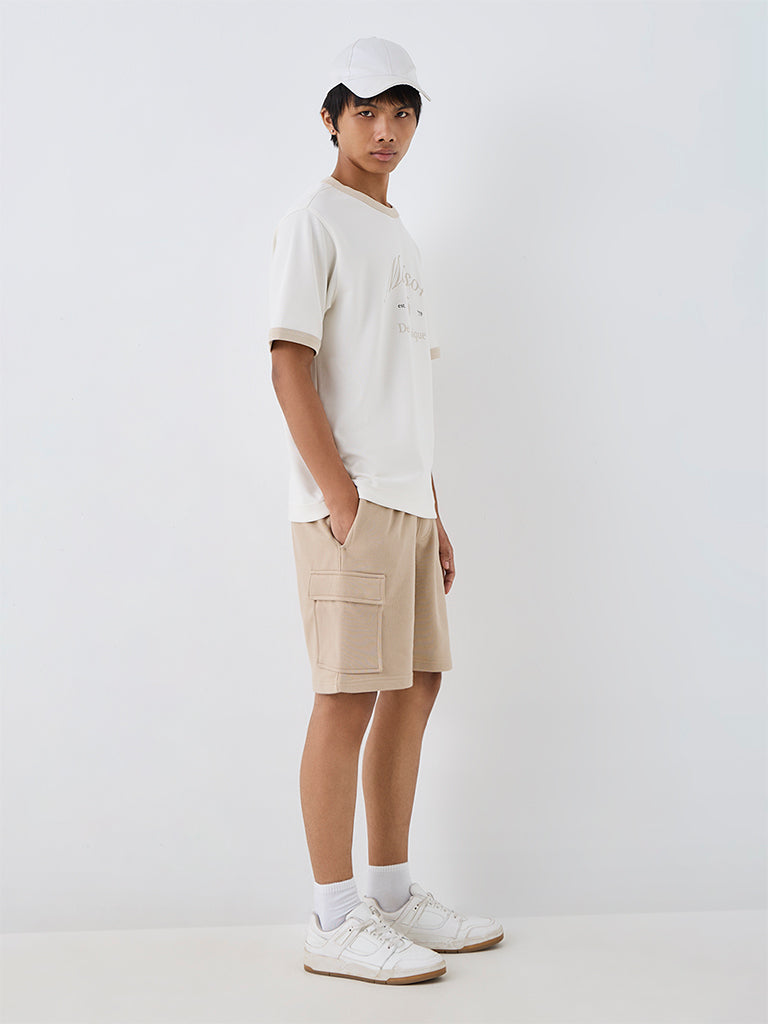 Nuoflexx Light Beige Solid Relaxed-Fit Mid-Rise Cotton-Blend Shorts