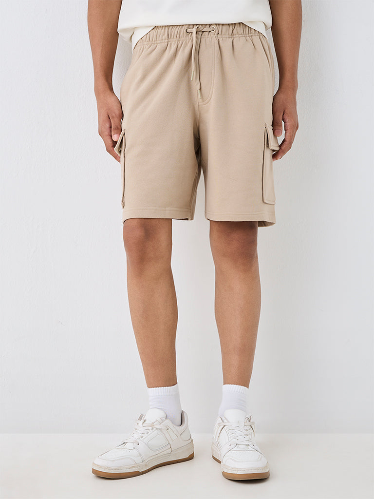 Nuoflexx Light Beige Solid Relaxed-Fit Mid-Rise Cotton-Blend Shorts