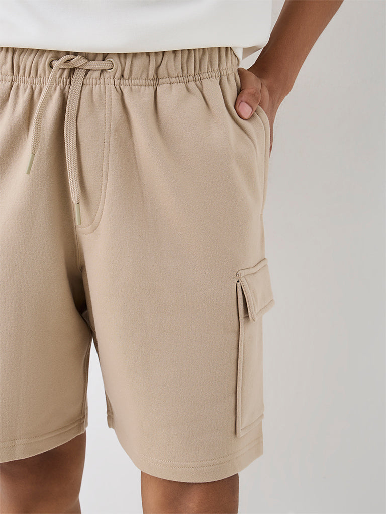 Nuoflexx Light Beige Solid Relaxed-Fit Mid-Rise Cotton-Blend Shorts