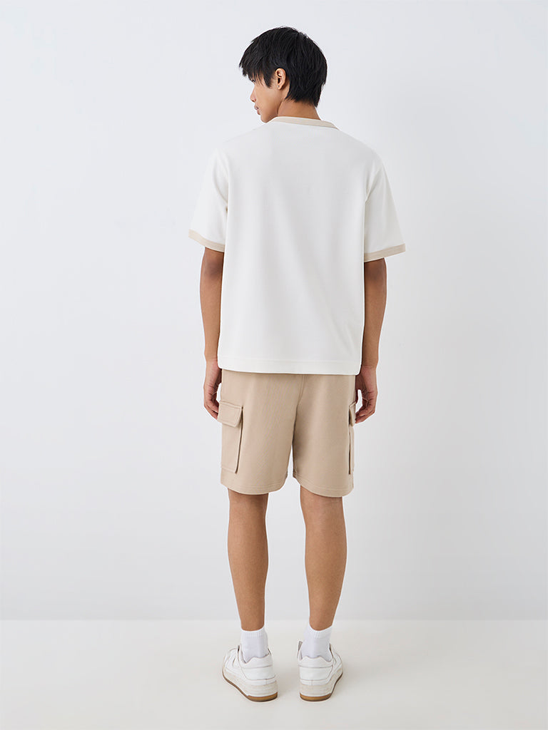 Nuoflexx Light Beige Solid Relaxed-Fit Mid-Rise Cotton-Blend Shorts