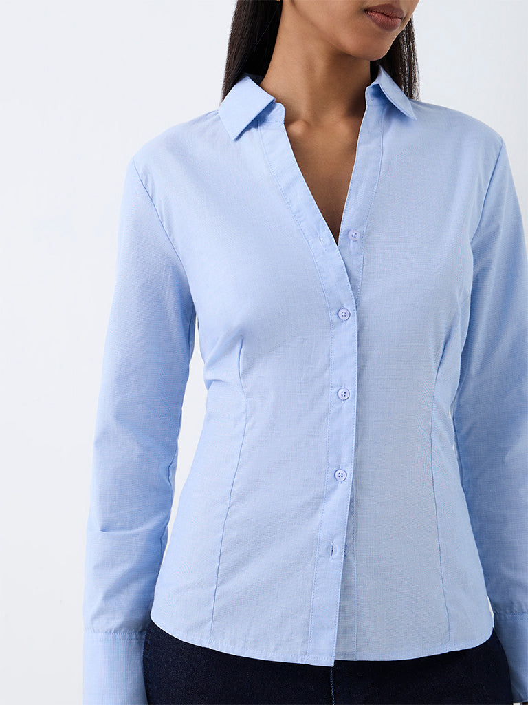 Wardrobe Blue Solid Cotton-Blend Shirt
