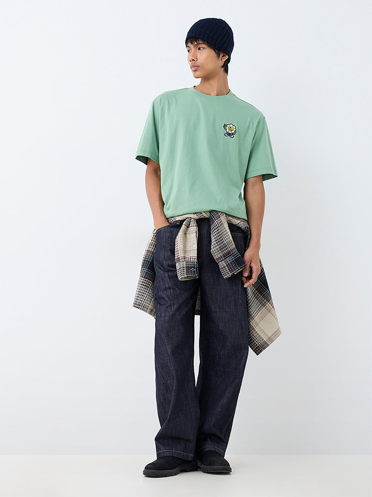 Nuon Light Green Patch Embroidered Relaxed-Fit Cotton T-Shirt
