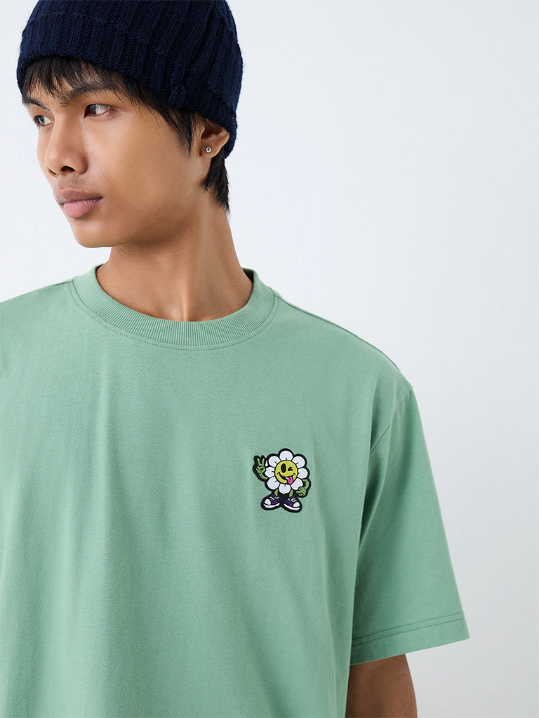 Nuon Light Green Patch Embroidered Relaxed-Fit Cotton T-Shirt
