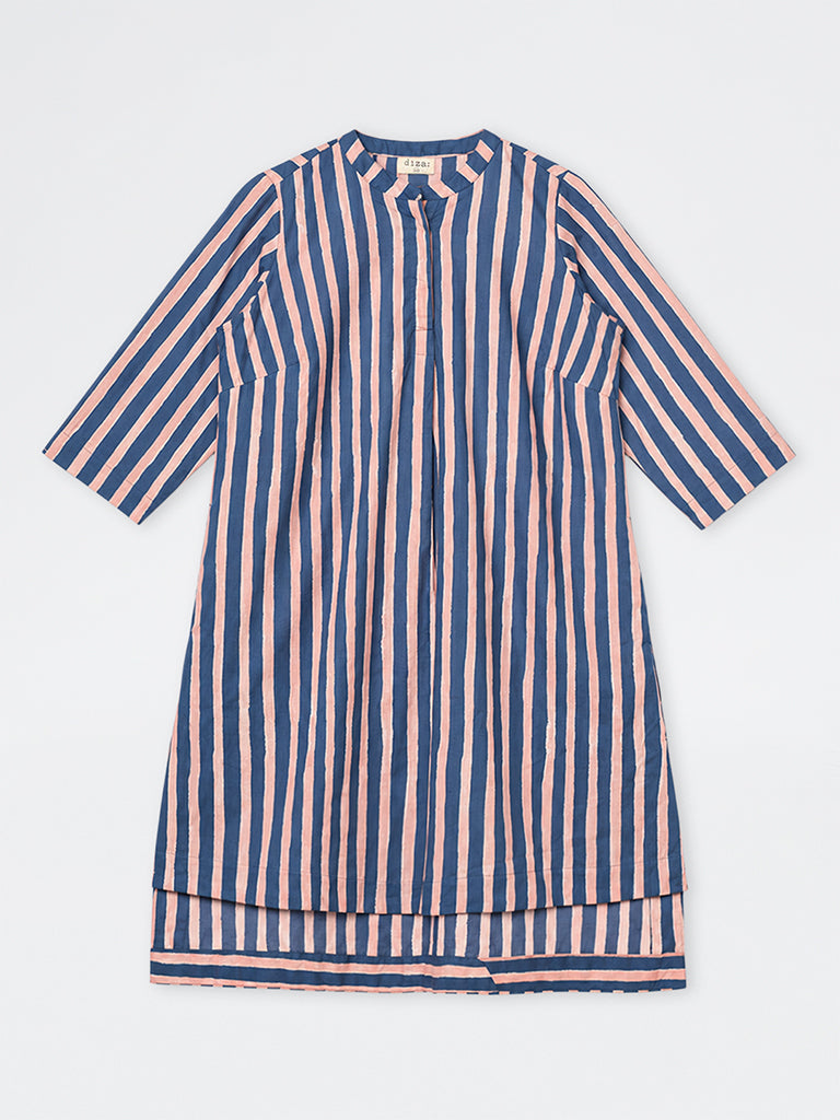Diza Blue and Pink Striped Cotton A-Line Kurta