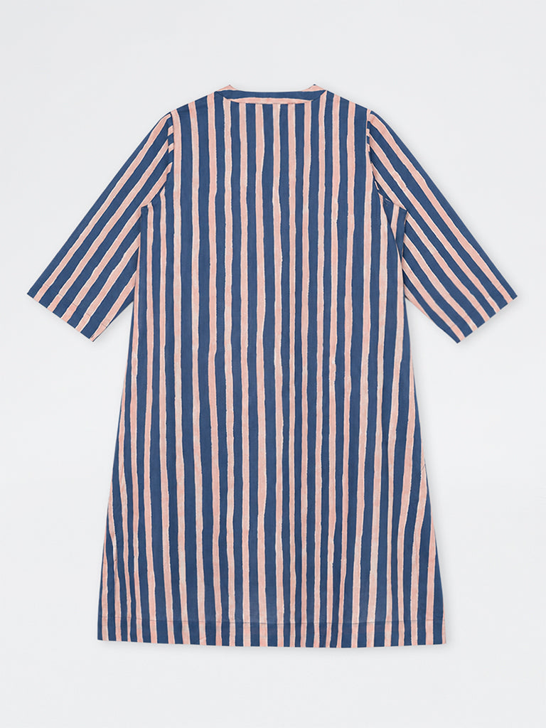 Diza Blue and Pink Striped Cotton A-Line Kurta