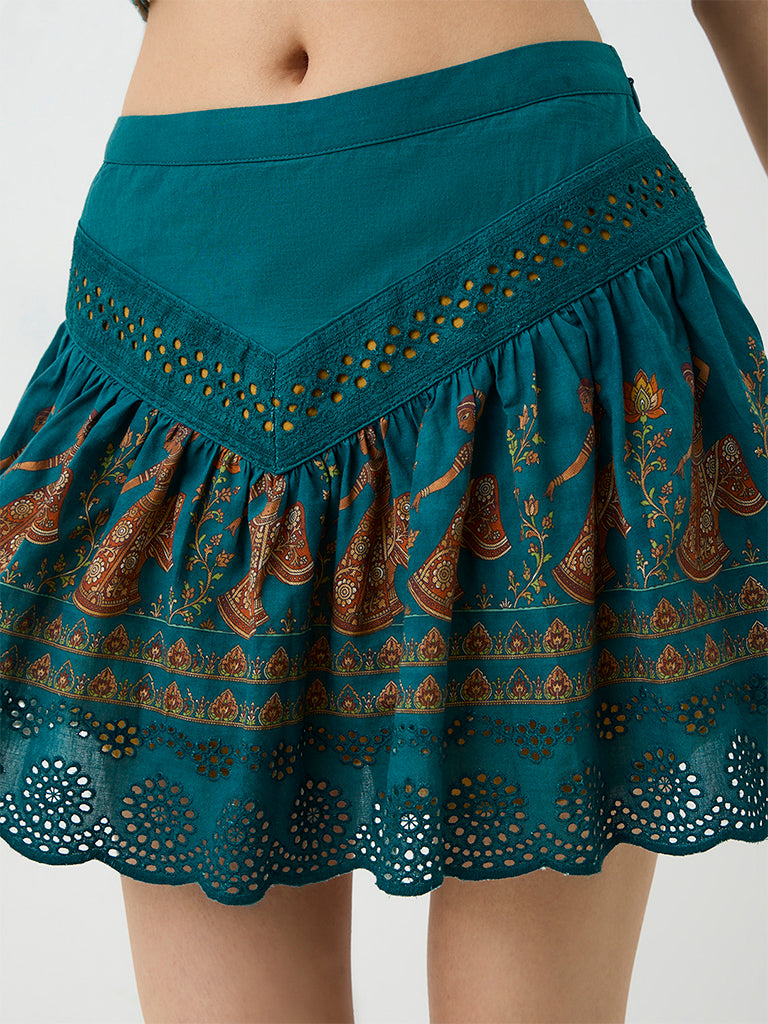 Bombay Paisley Dark Teal Folk Printed High-Rise Cotton Skirt