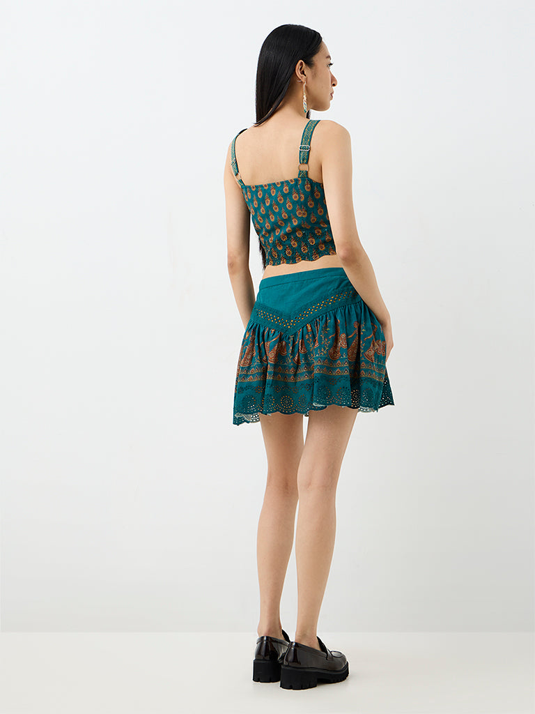 Bombay Paisley Dark Teal Folk Printed High-Rise Cotton Skirt