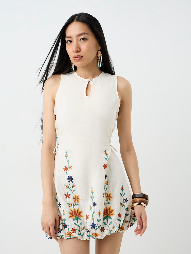 Bombay Paisley Off-White Floral Embroidered Cotton Bubble Dress