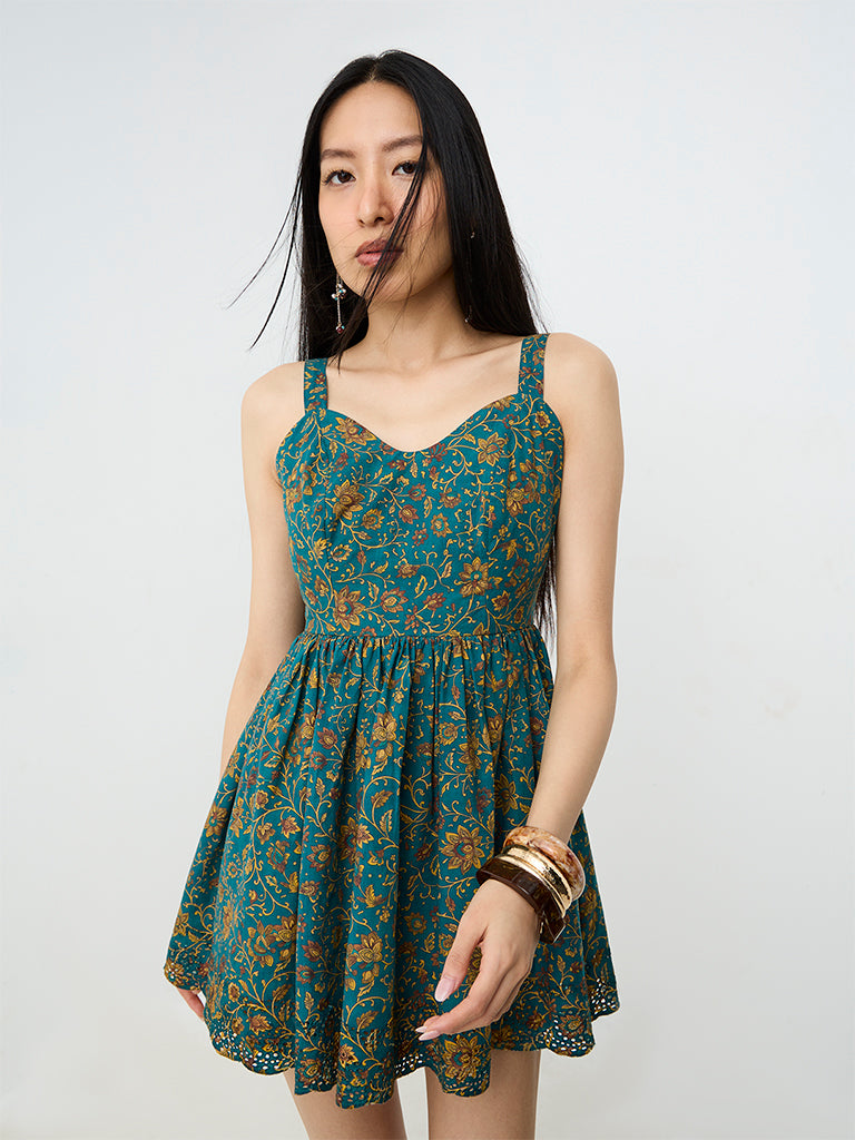 Bombay Paisley Teal Floral Printed Cotton Fit-and-Flare Dress