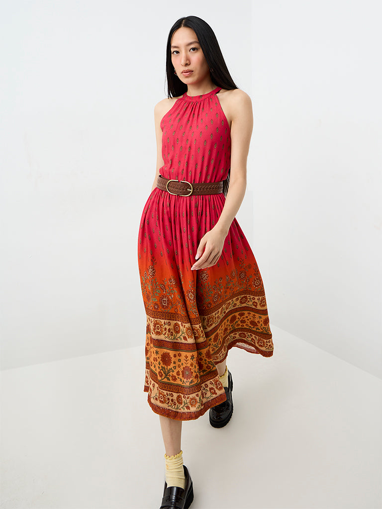 Bombay Paisley Pink Floral Printed Cotton A-Line Dress