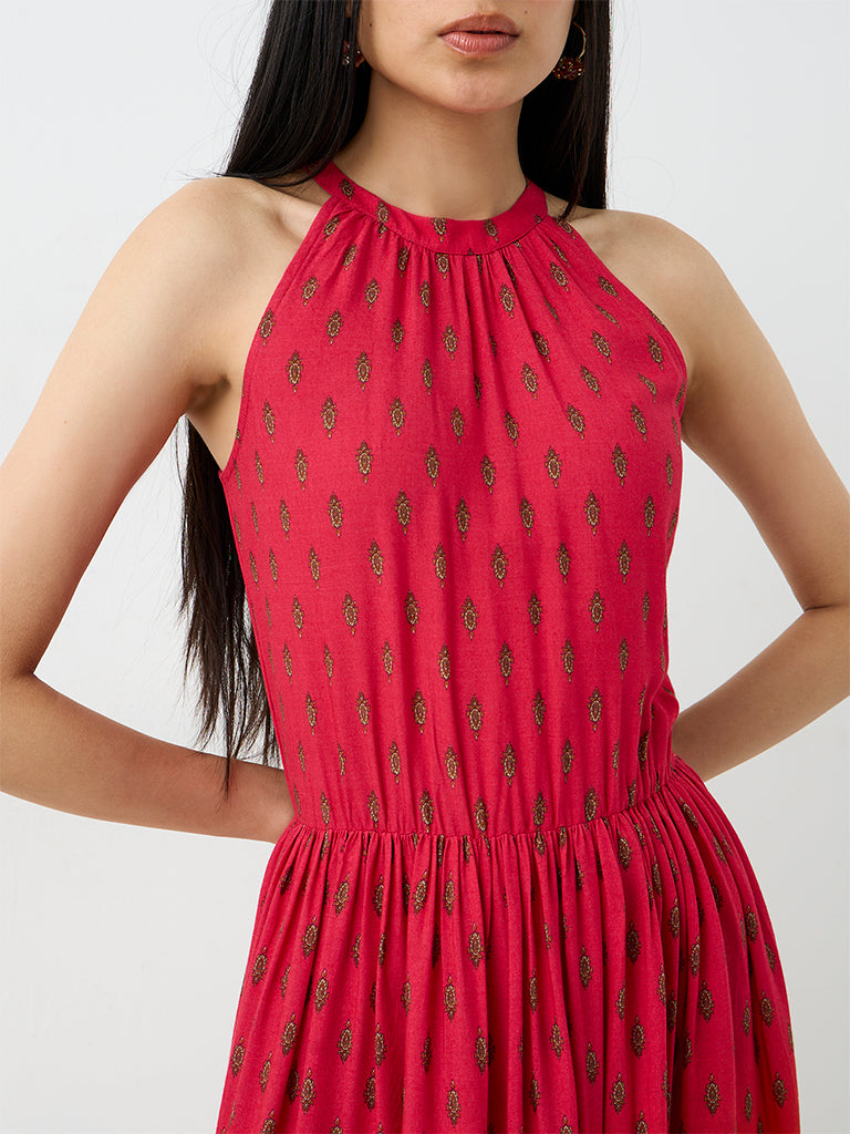 Bombay Paisley Pink Floral Printed Cotton A-Line Dress