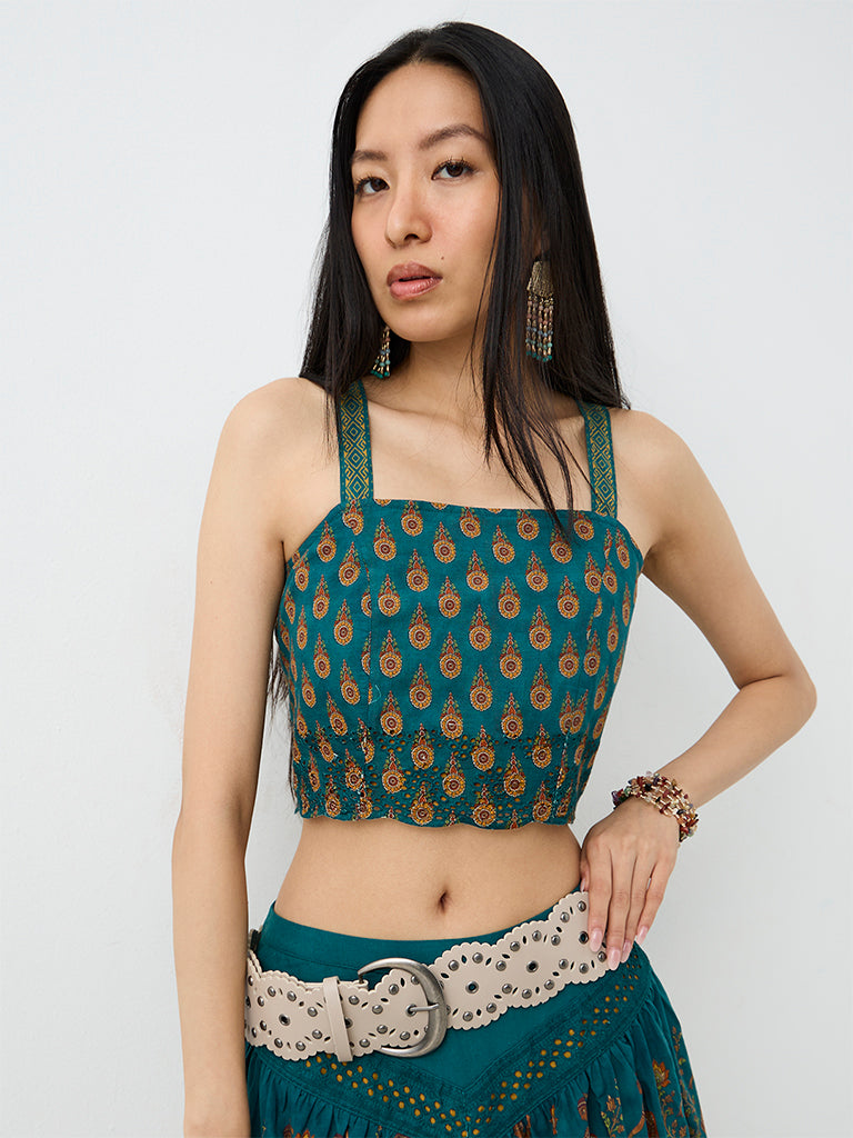 Bombay Paisley Teal Floral Printed Cotton Crop Top